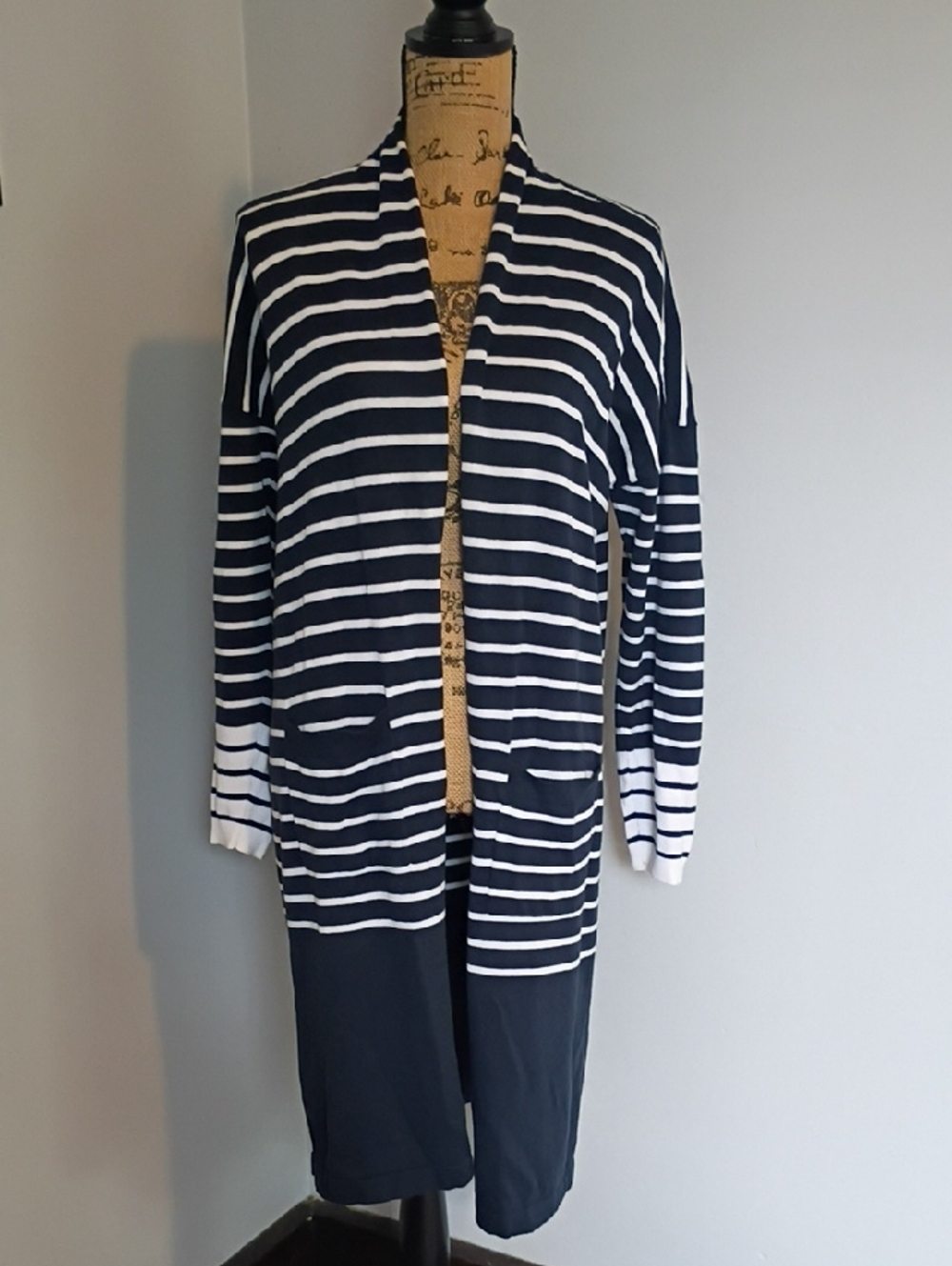 CAbi Navy and White Striped Open-Front Long Cardigan